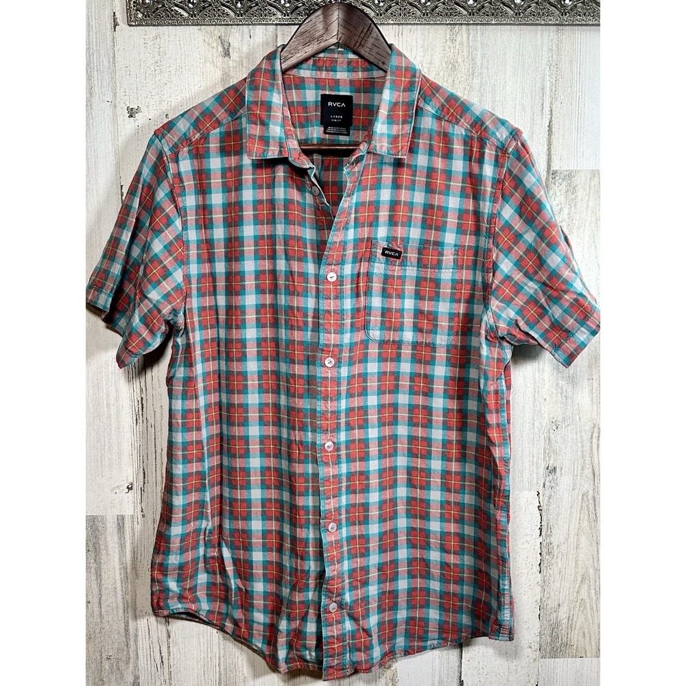 RVCA Men's That'll Do Stretch Slim-Fit Short Sleeve Button Up Shirt Red Plaid L - Picture 2 of 8